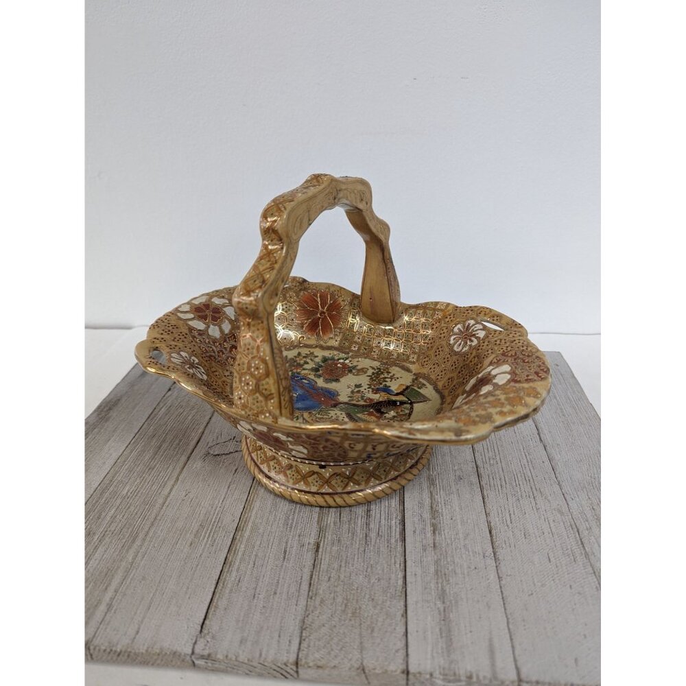Vintage Oriental Basket Hand Painted Gold Heavy 8" Tall